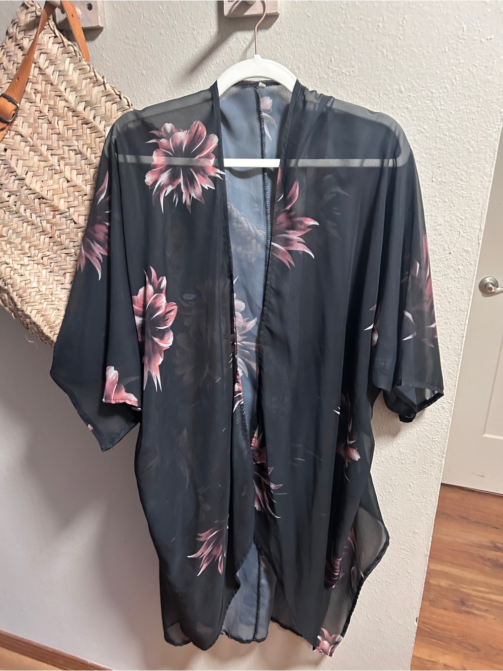 Black Floral Sheer Kimono Cover-Up
